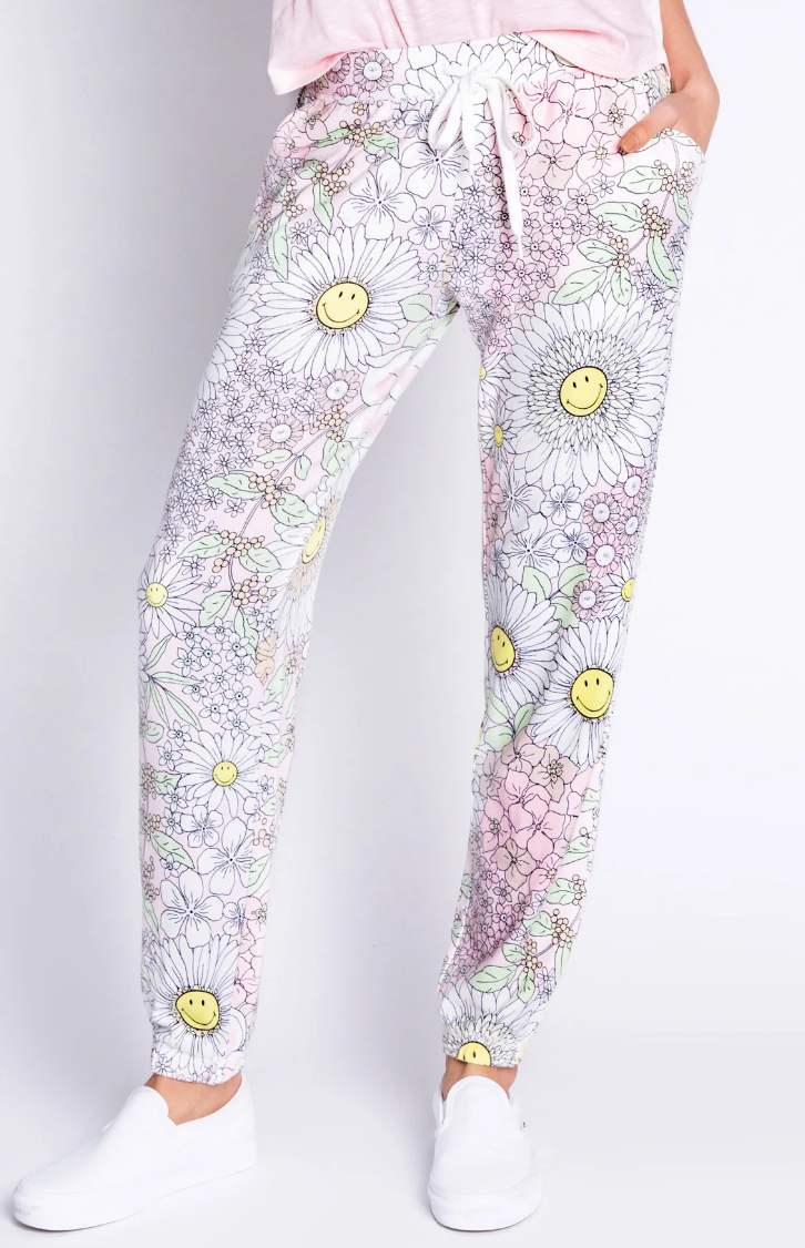 PJ Salvage Loungewear Smiley Blooms Banded Jogger Pant White PJ Salvage Loungewear Smiley Blooms Banded Jogger Pant White