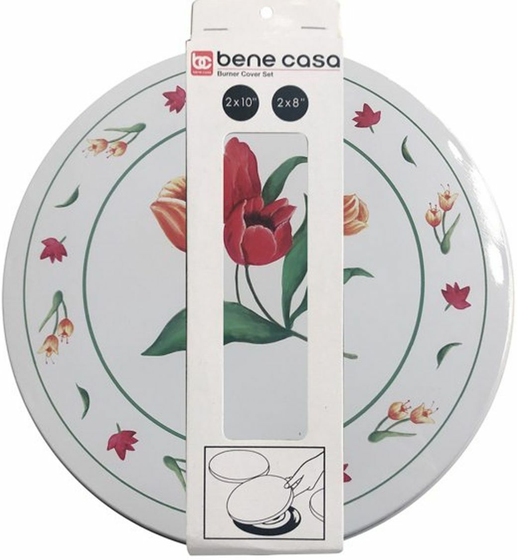 SET OF 4 TIN STEEL STOVETOP BURNER COVERS (2-10",2-8") FLOWERS, TULIPS, MBR
