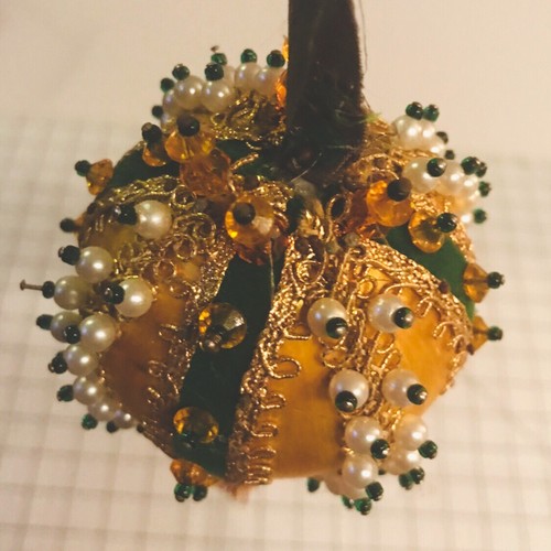 Lot 3 Vtg Handmade Faceted Bead Faux Pearl Ball Satin Christmas Ornament Braided