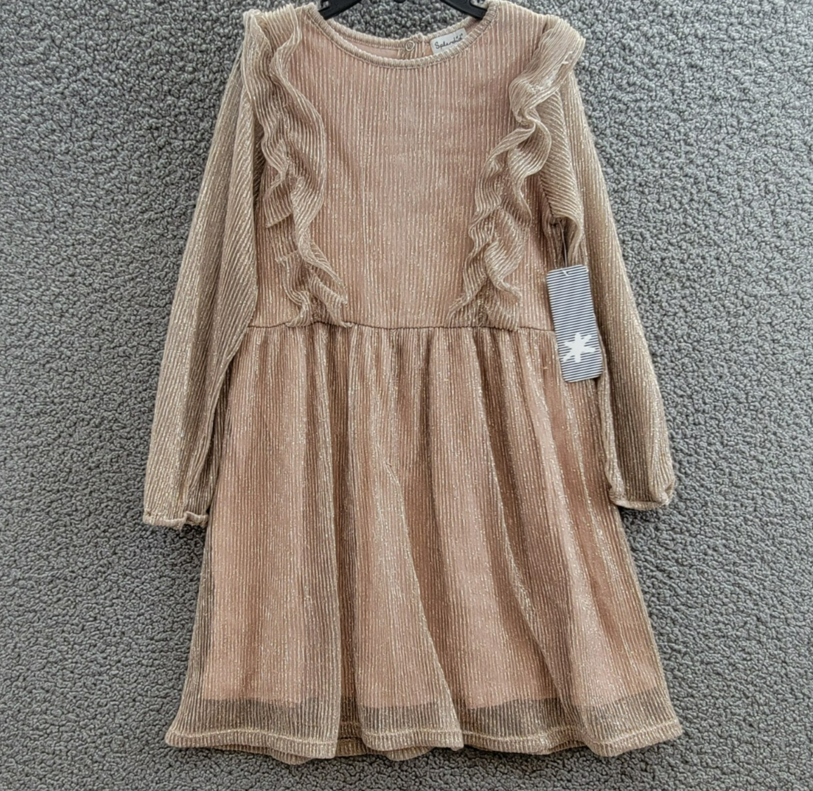 Splendid Glitzy Pleated Tulle Dress Girls' 5 Champagne Round Neck Back Snap L/S - Picture 2 of 17