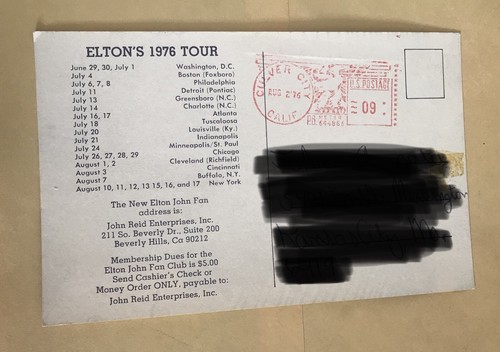 Elton John 1976 US Tour Postcard