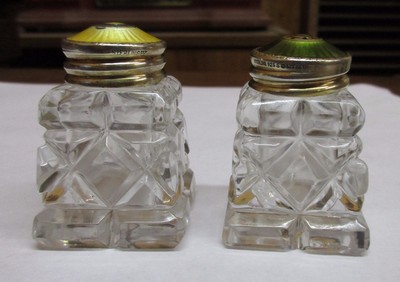 2  Hroar Prydz Guilloche Yellow & Green Enamel Sterling Salt / Pepper shaker