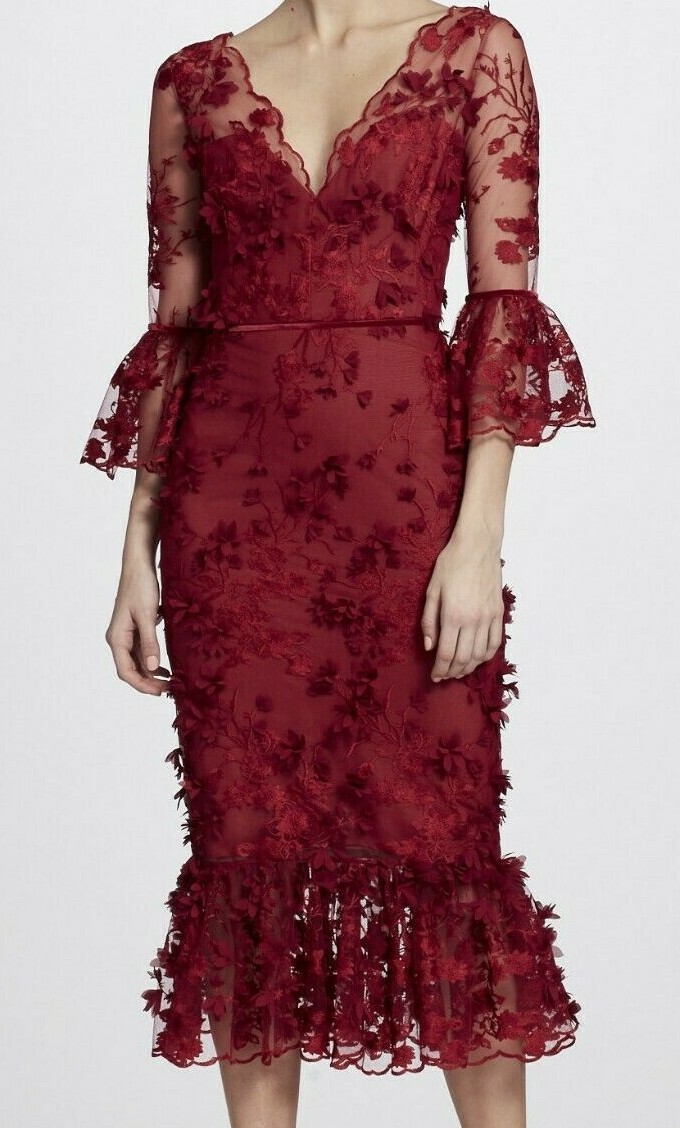 Pre-owned Marchesa Notte $795  Embroidered Midi Dress Burgundy Red 3 D Flower Lace 0 2 In Red Burgundy Wine