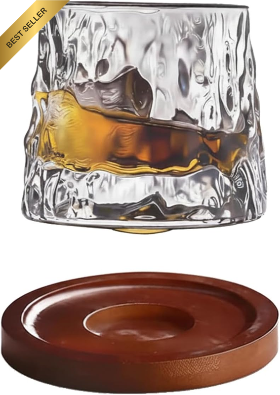 Rotating Whiskey Glass with Walnut Coaster, Crystal Whisky Tumbler Gift Box for