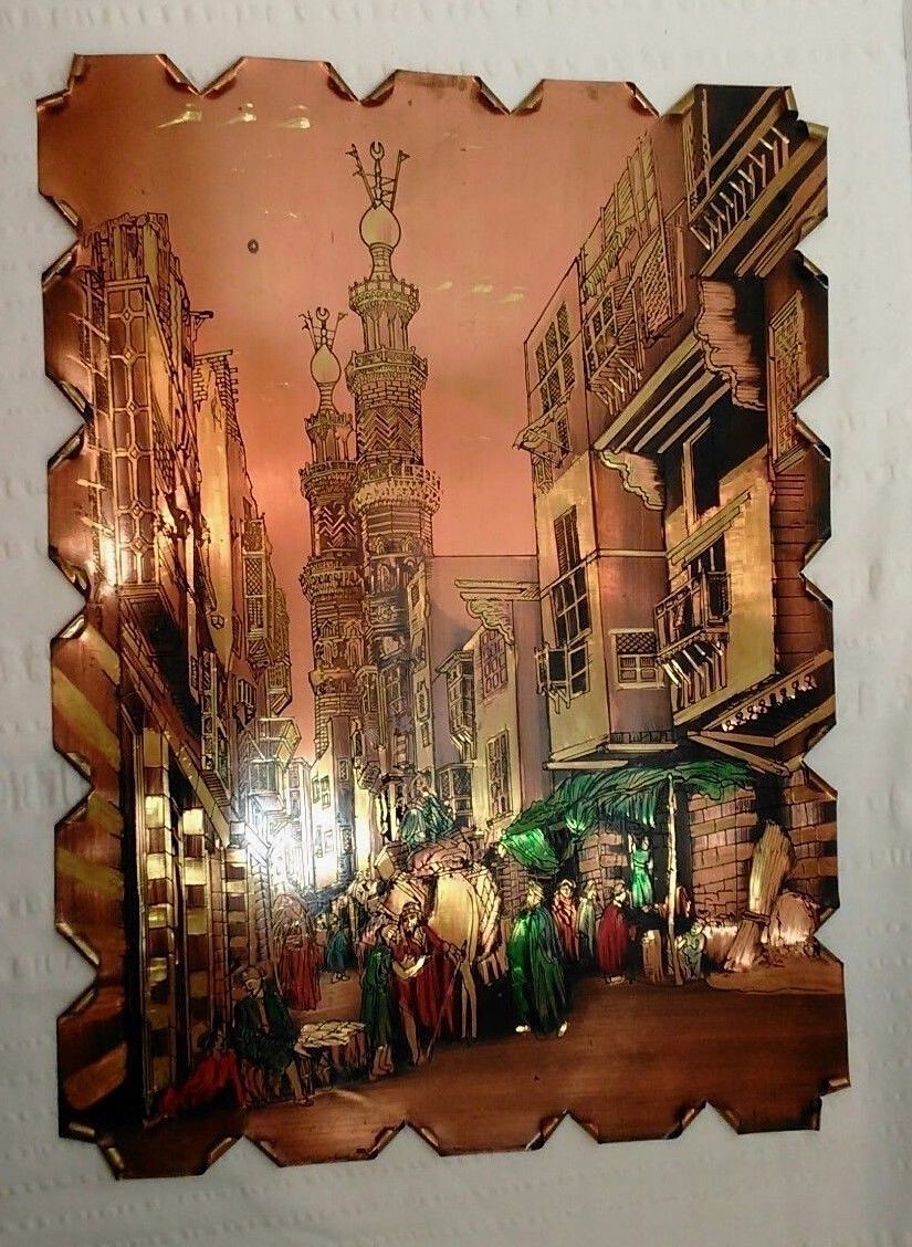 Etched Copper Art Painted Architecture City Outdoor Markets Camel People Homes