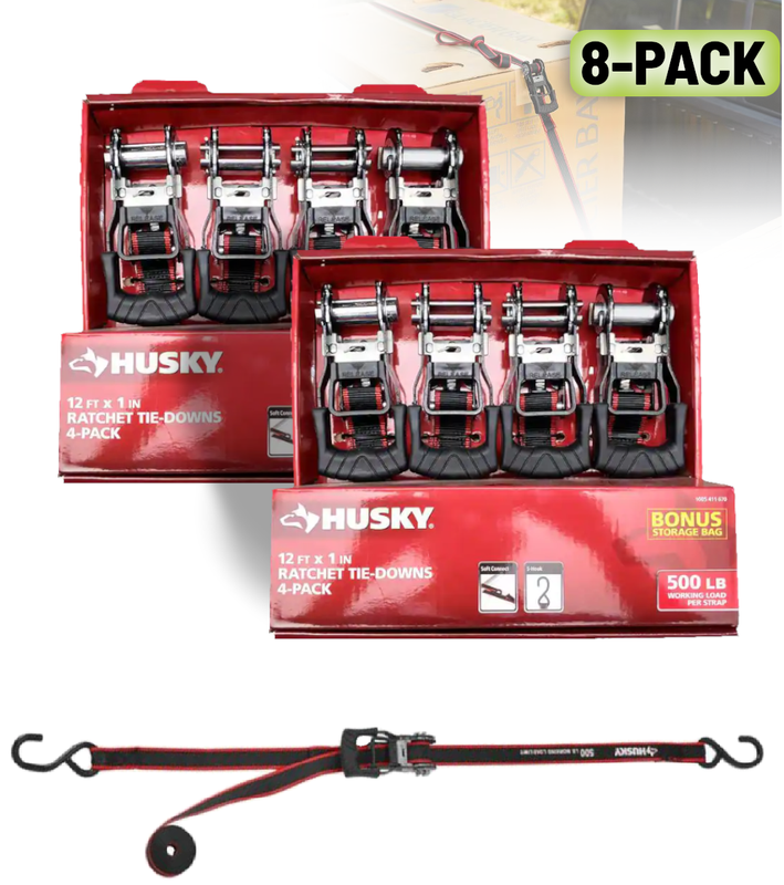 8-PACK HUSKY RATCHET TIE DOWN Heavy Loads Security Fastening Straps 12 ft x 1 in