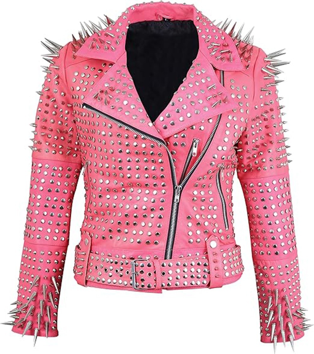 Pre-owned Handmade Women Punk Pink Heavy Full Long Spiked Studded Motorcycle Leather Jacket
