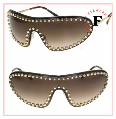 Pre-owned Prada Wrap Ornate Gold Brown Metal Stud Shield Runway Sunglasses 73v Pr73vs