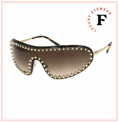 Pre-owned Prada Wrap Ornate Gold Brown Metal Stud Shield Runway Sunglasses 73v Pr73vs