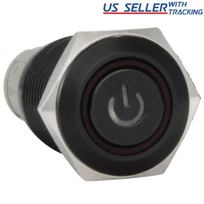 16mm 12V Latching Push Button Power Switch Black Metal Red LED Waterproof