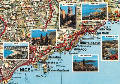 Postcard French Riviera Map France Cote d'Azur Multiview Nice Monaco Menton