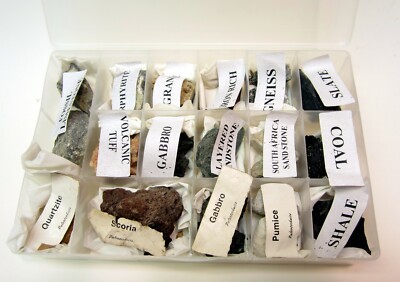 16 MINERALS STONES & ROCKS COLLECTION GEOLOGICAL SAMPLES IN DISPLAY STORAGE BOX