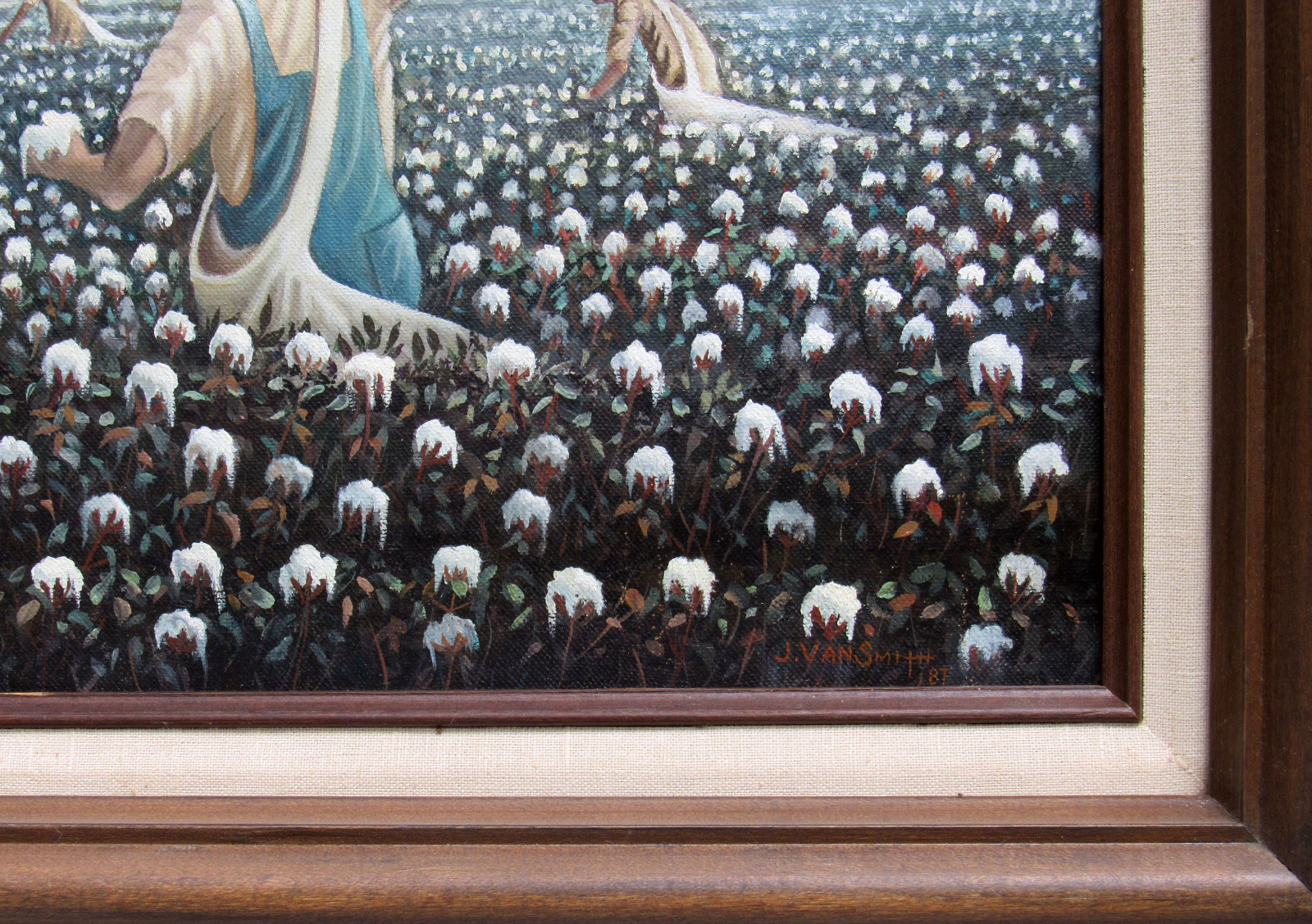 PRIMITIVE GENRE OIL PAINTING BLACK MAN & WOMAN COTTON FIELD RIVER STEAMBOAT