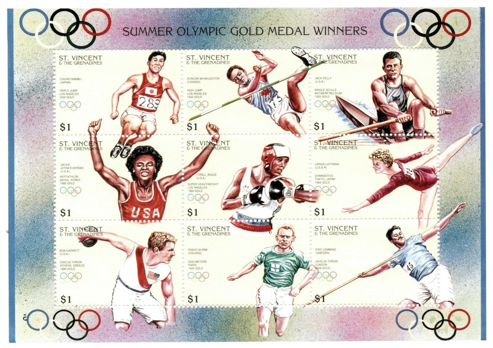 St. Vincent 1996 - Olympic Gold Medal Winners - Sheet of 9 Stamps Scott 2319 MNH