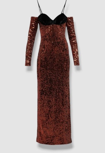 Pre-owned Zac Posen $1290  Women's Brown Silk Sequin Velvet Cold-shoulder Dress Size 8