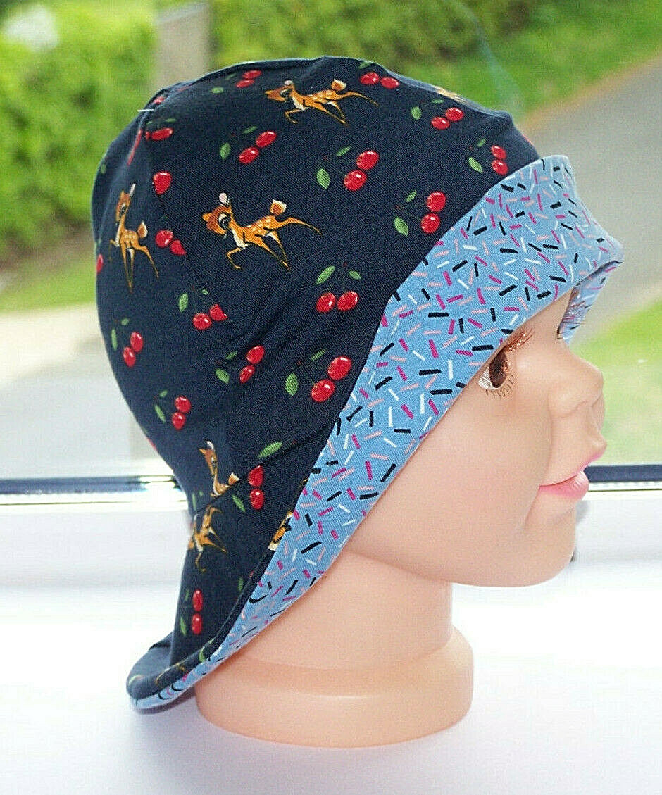 Baby Sonnenhut Mütze Jersey  Rehkitz Kirschen46-48 cm  KU passend Handmade*Neu