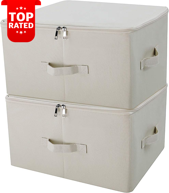 Beige Jumbo Foldable Linen Storage Bins Set of 2 with Lid Closet Organizer