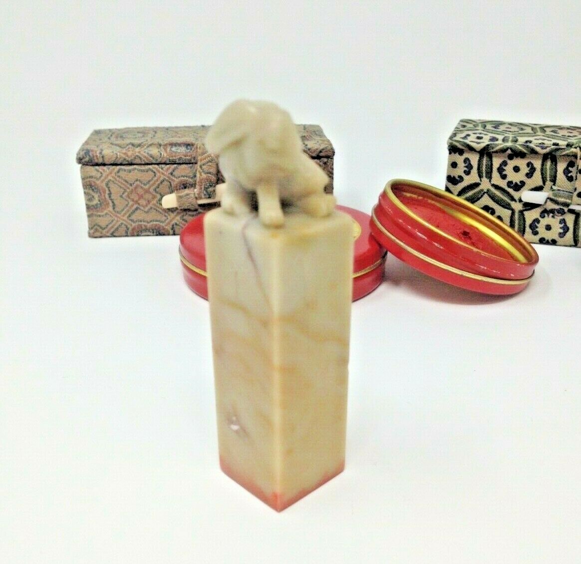 Vintage Chinese Carved Foo Dog Stamps Seal w/ Stamp Pads (two of each)