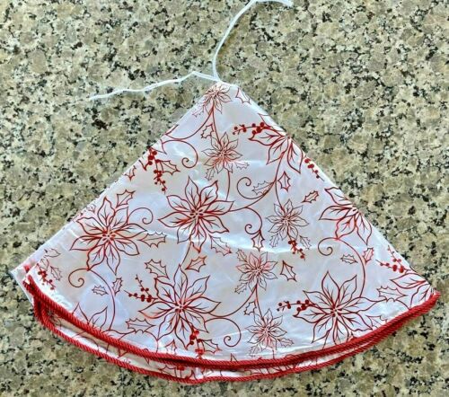 NEW: CHRISTMAS TREE SKIRT WHITE WITH RED POINSETTIAS & HOLLY RED BRAID TRIM 48" 
