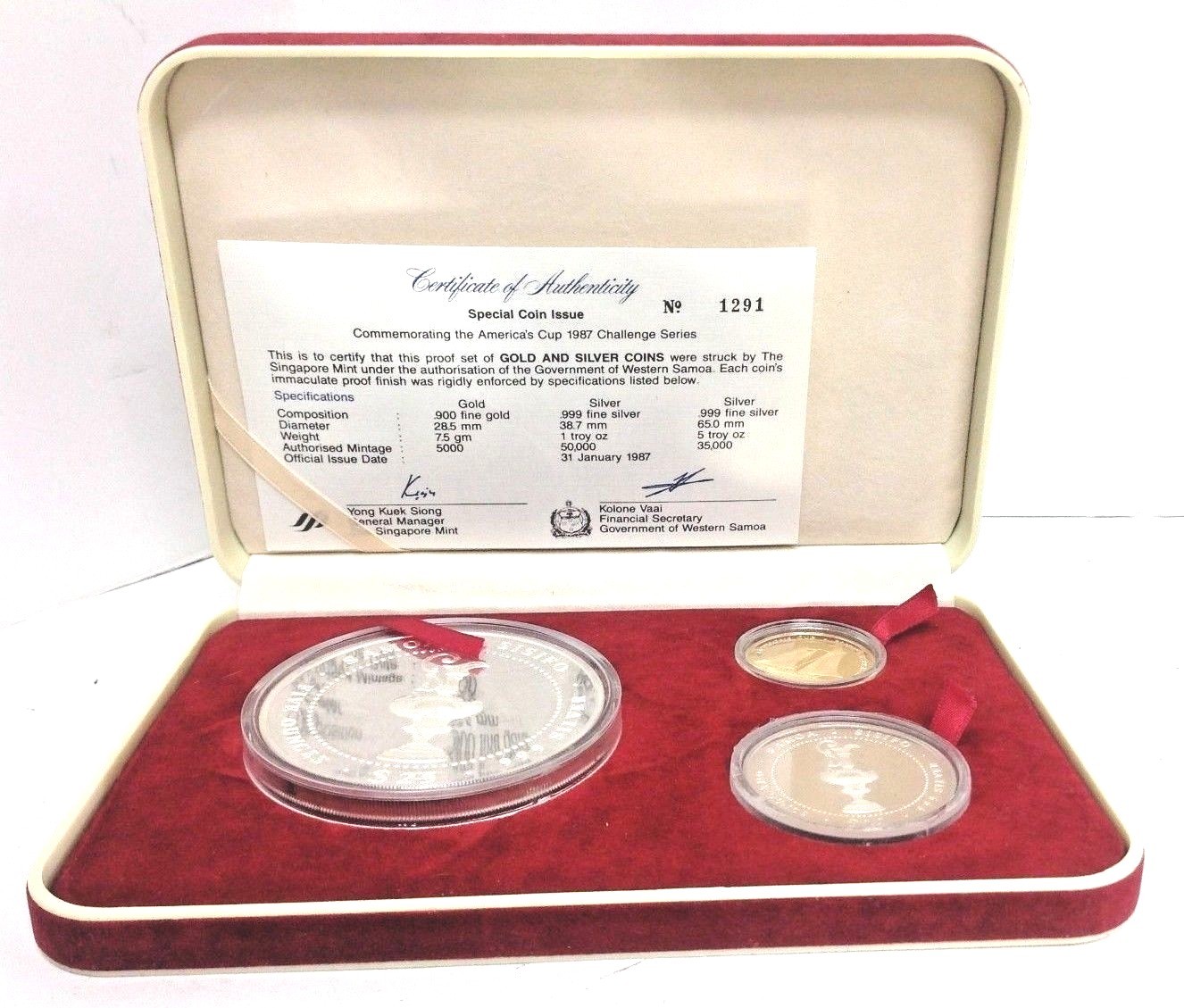 Proof Set 1987 3-Coin Official America's Cup Silver Coins Mint W/C.O.A.