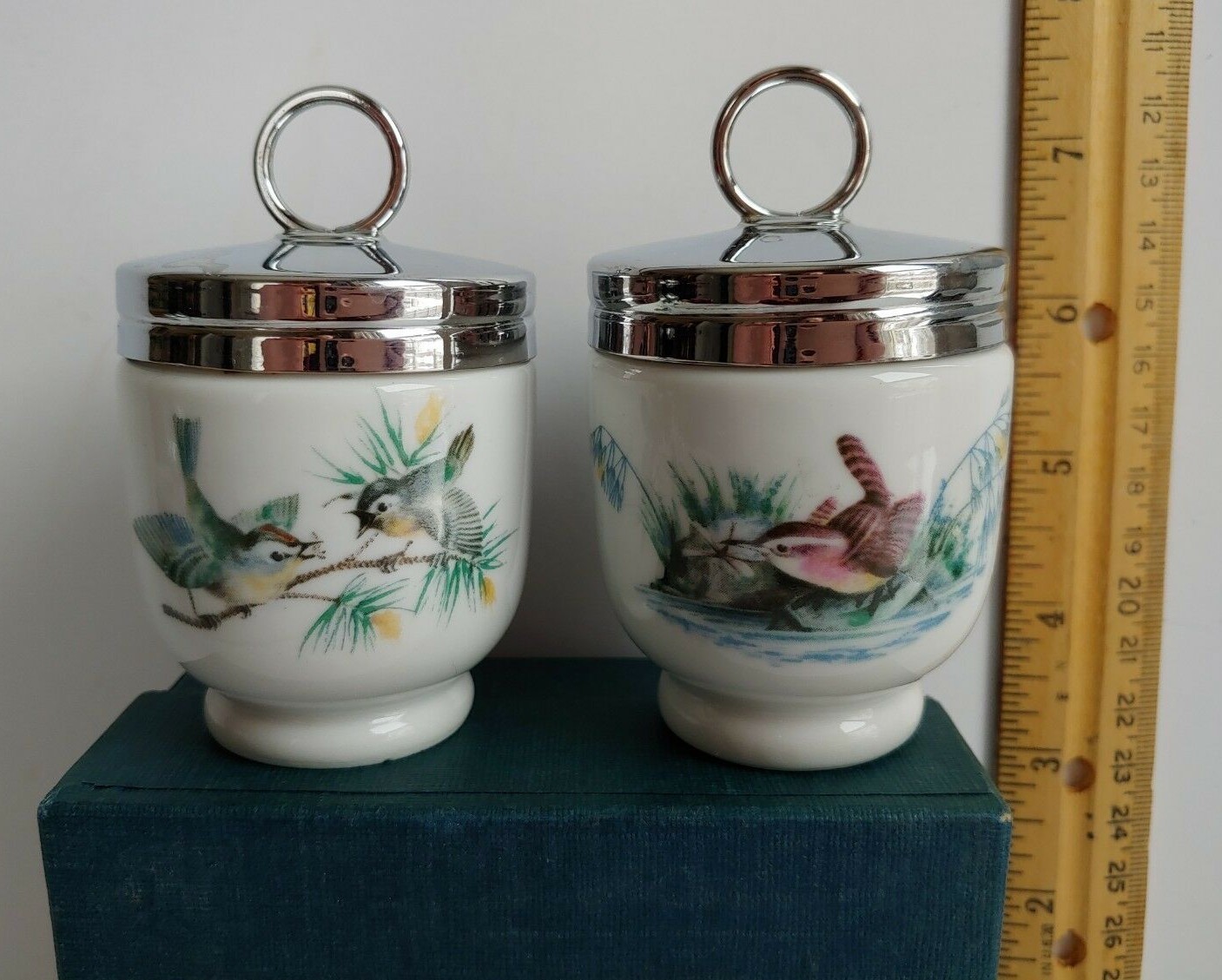 Lot 4 Vintage ROYAL WORCESTER Egg Coddlers Set Woodland Wren & Finch + Evesham