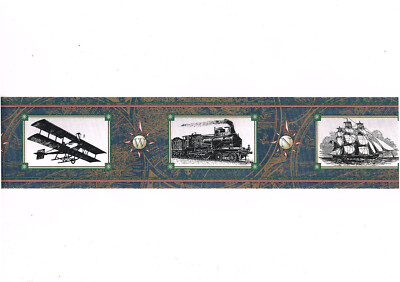 Vintage Antique Car Auto Train Airplane Biplane Sailboat Map Wallpaper Border