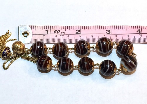 16k 18k Antique Victorian Banded Agate ORB Ball Enamel Tassel Charm Bracelet