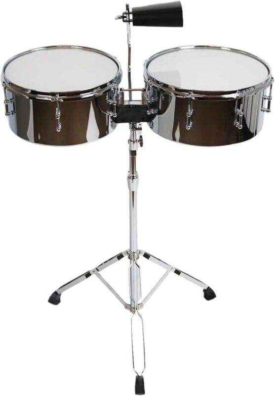 Sawtooth Command Series 13” & 14” Chrome Steel Timbale Set w/Cowbell & Stand