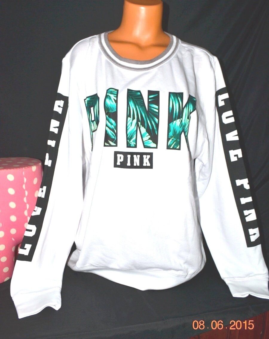 Pre-owned Victoria's Secret Victorias Secret Pink Oversized Slouchy Limited Ed Palm Crew Sweatshirt L In White