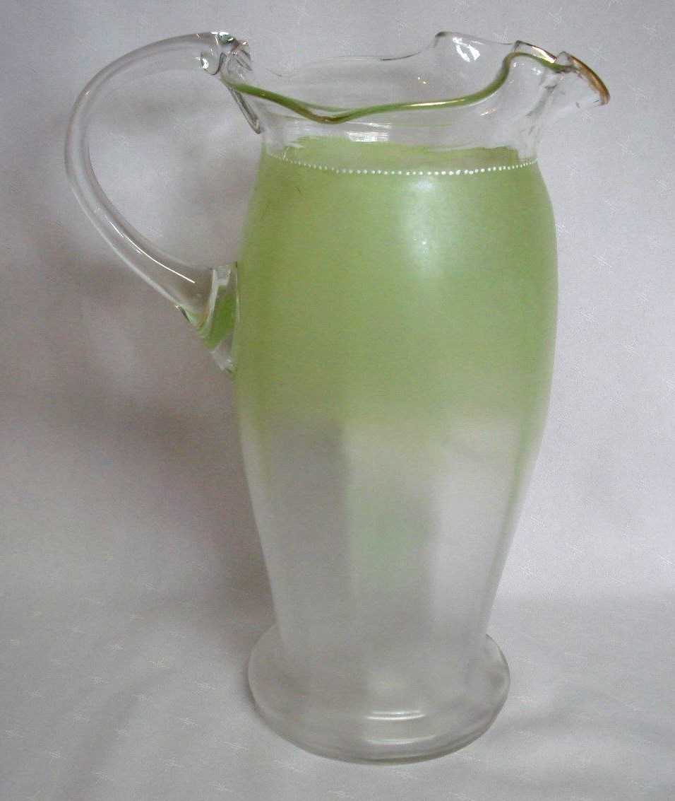 ANTIQUE VICTORIAN LIME GREEN SATIN GLASS&ENAMEL WHITE DAISY PITCHER&4 GLASSES