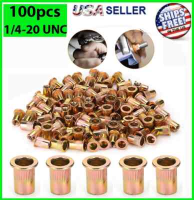 100 Pc Rivet Nuts 1/4-20 Carbon Steel Rivnut Insert Nutsert Threaded Flat Head