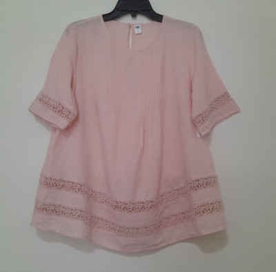 Old Navy Size M Short Sleeve Boho Pintuck Lace Accent Lightweight Cotton Top NWT