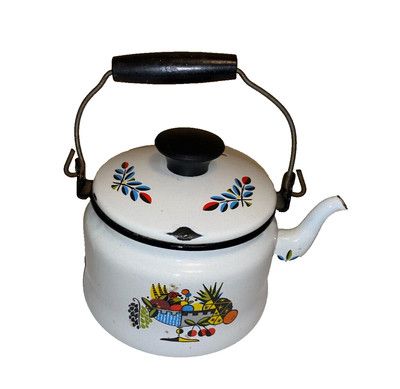 Vintage Enamelware Folk Art Style Teapot