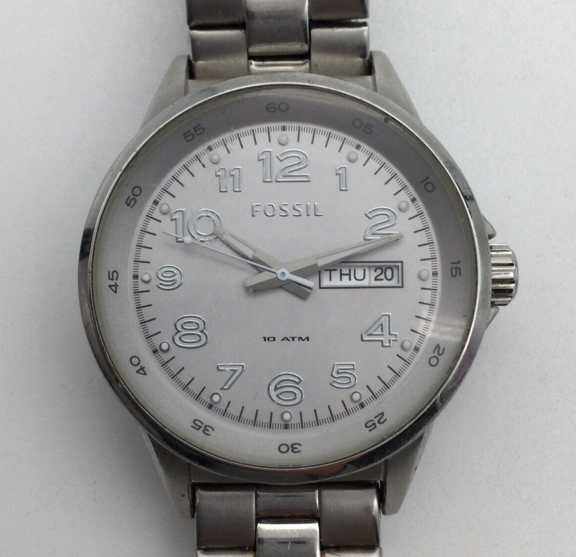 Fossil Watch Women 39mm Silver Tone Round Day Date AM-4342 New 