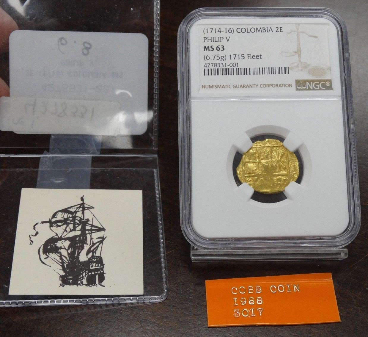 1714-16 SHIPWRECK GOLD COLOMBIA 2 ESCUDO NGC MS 63 (001) 6.75g FROM 1715 FLEET