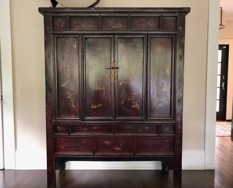 19th Century Aubergine Chinese Lacquered Ming Style Wedding Cabinet Armoire