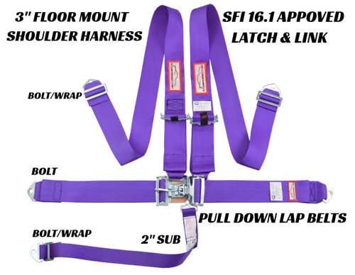 OFF ROAD 5 POINT RACING HARNESS 3" SEAT BELT FLOOR MOUNT BOLT IN SFI 16.1 PURPLE