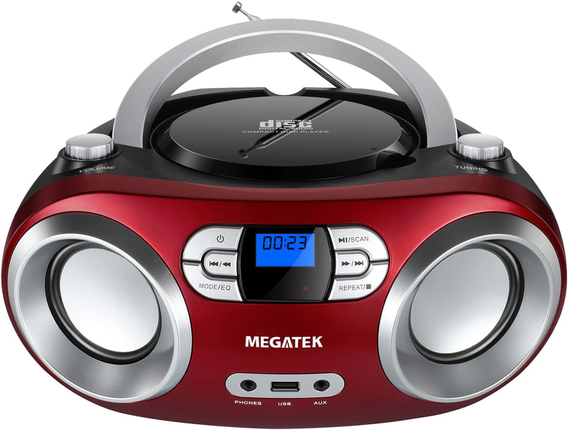 Portable CD Player Bluetooth Boombox W/ FM Radio, USB, Aux & Headphone Jack, Che