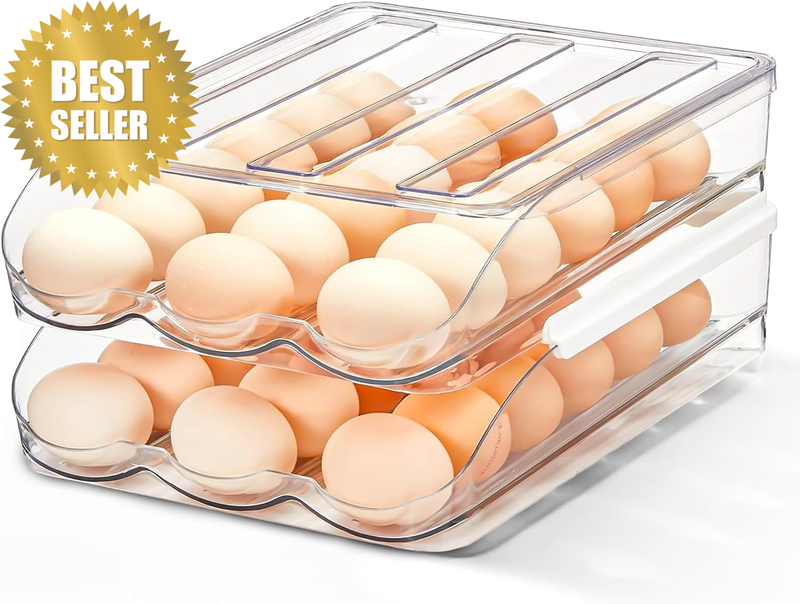 Egg Holder for Fridge,Auto Rolling Egg Container for Refrigerator with Lid, Larg