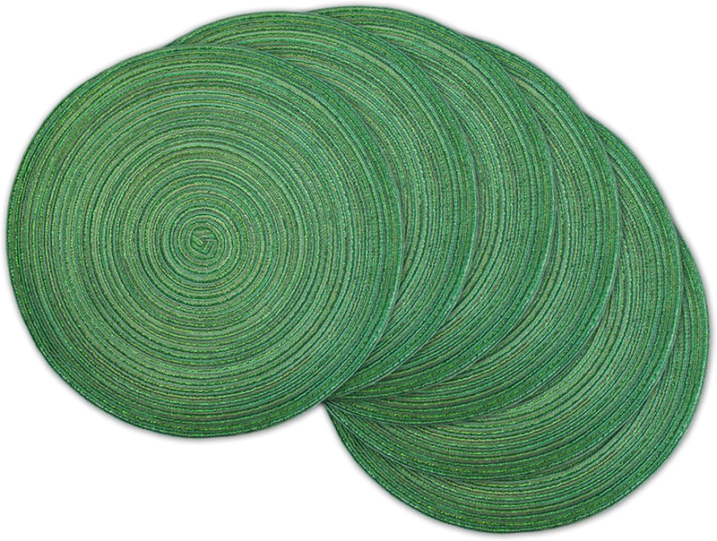 round Woven, Indoor & Outdoor Braided Sparkle Placemat or Charger, Set of 6, Gre