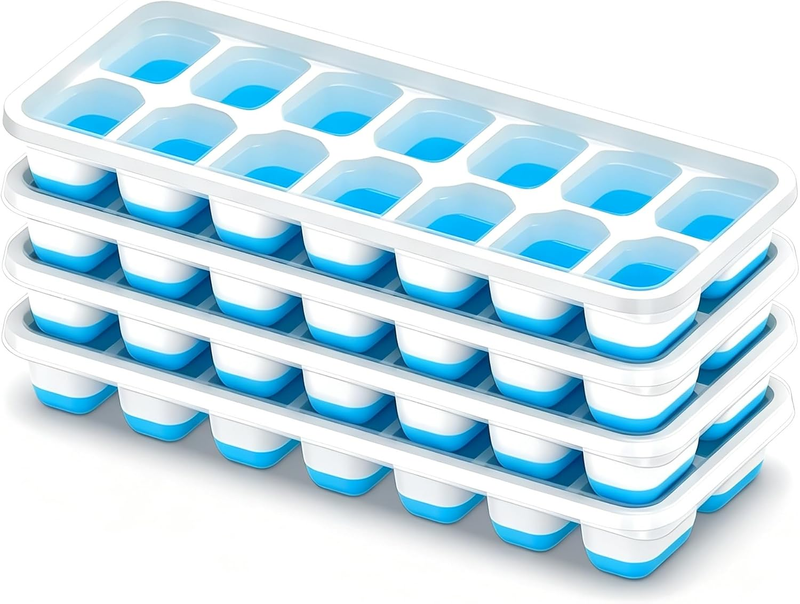 Ice Cube Tray with Lid, 4 Pack, 56 Cubes, Stackable, Silicone and Plastic, Easy-