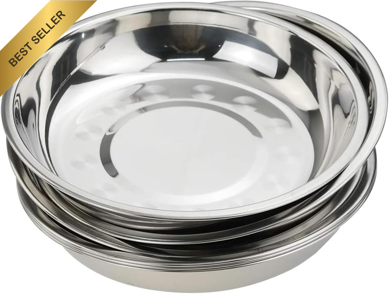 6 Pack Stainless Steel High Edge round Plate, Reusable Metal Dinner Deep Plate D