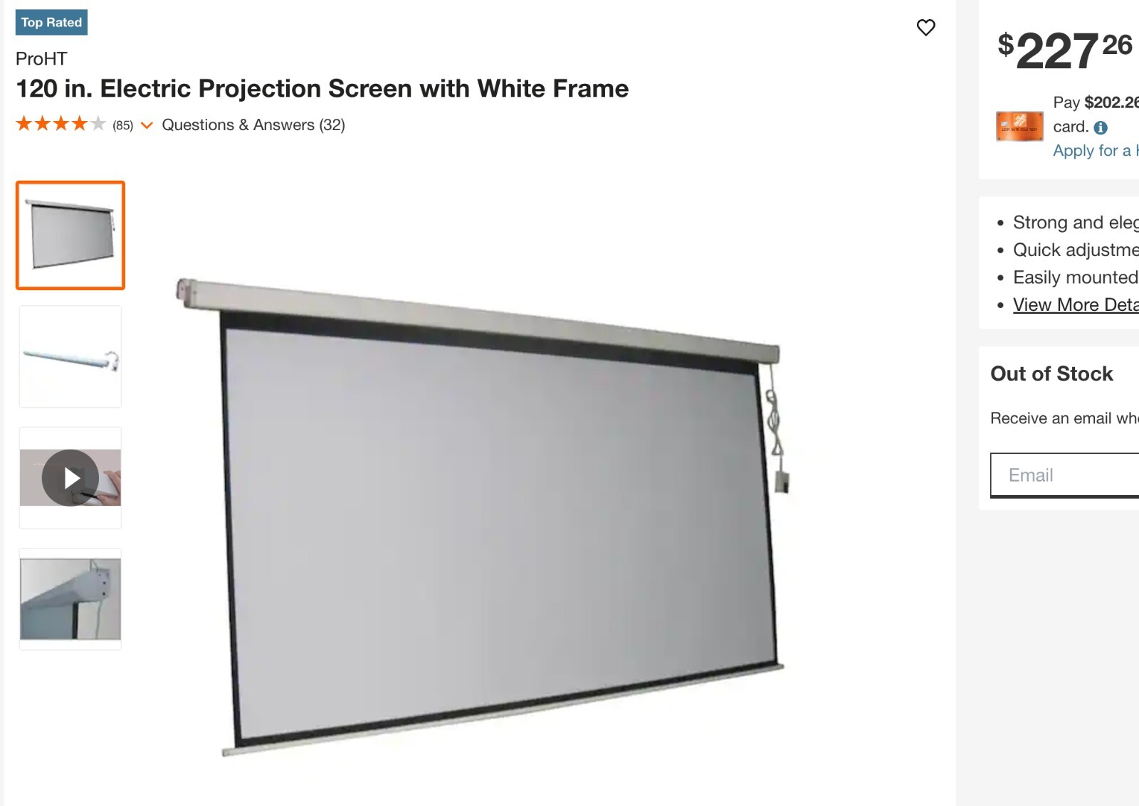 ProHT 120 in. Electric Projection Screen with White Frame ProHT 120 in. Electric Projection Screen with White Frame