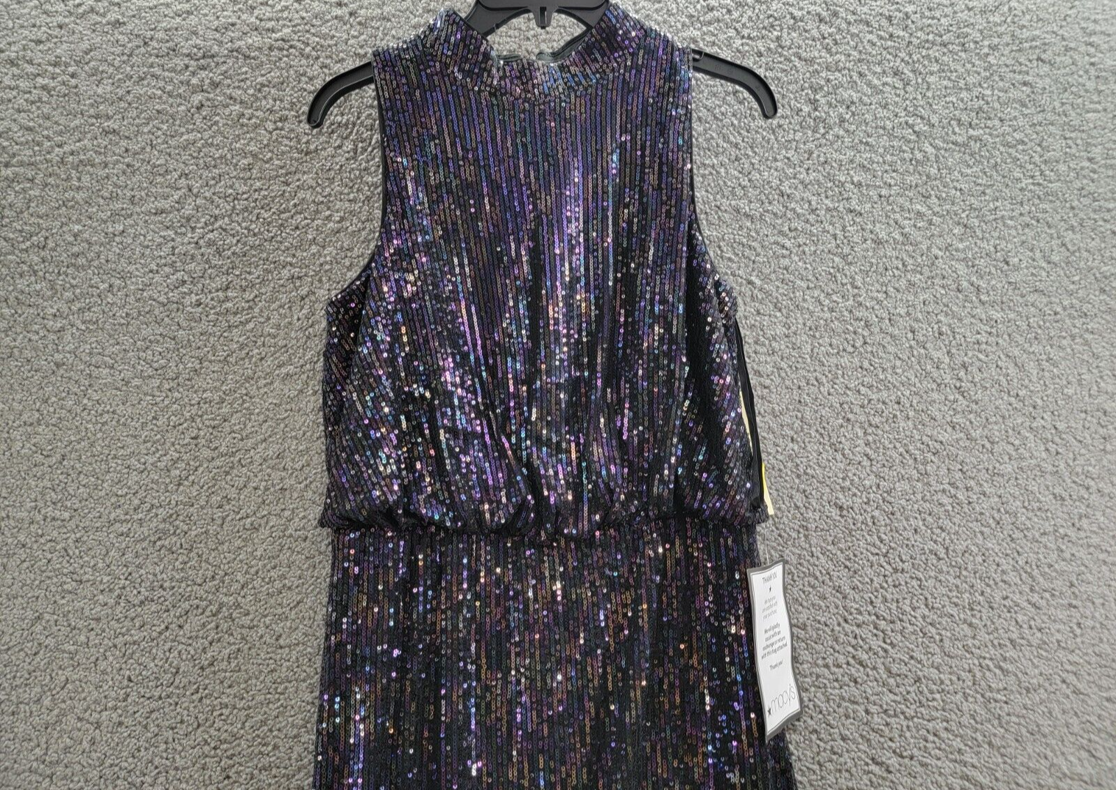 Eliza J Feather-Hem Sequin Dress Women's 10 Black Multi Sleeveless Zip Closure - Picture 3 of 16