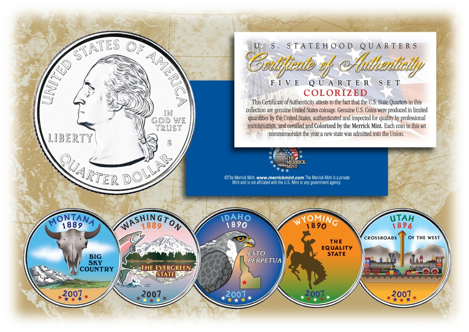2007 COLORIZED US MINT STATE QUARTERS * Complete Set of 5