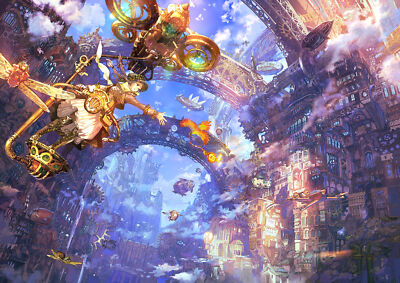 Anime Pixiv Gear Steampunk Clouds Girls City Sky  Gaming Mat Desk 5945