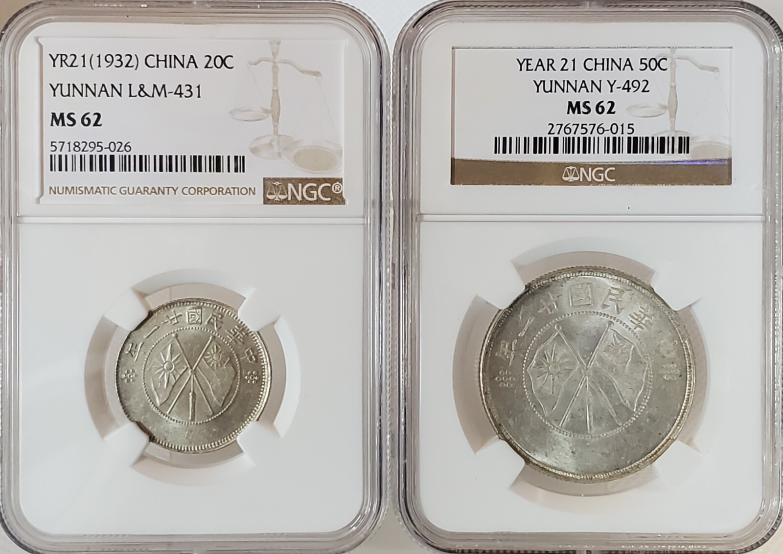 Pair: 1932 CHINA Yunnan Flag Silver Coin 20C&50C NGC MS62 | eBay