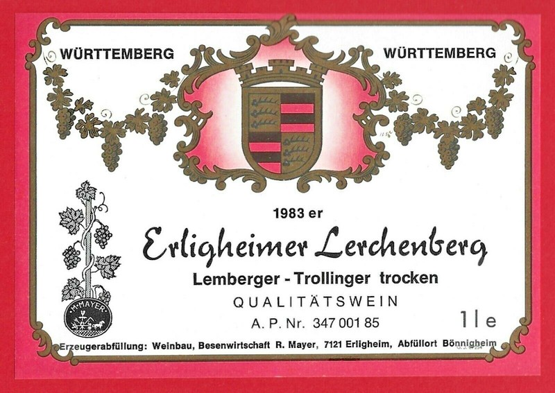 D62 Etiquette Label Weinetikett Wuttemberg 1983 Erligheimer-Lerchenberg R. Mayer