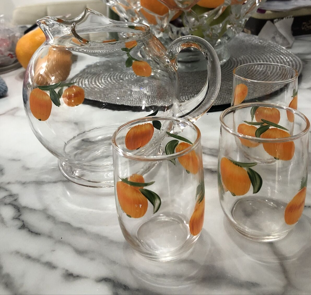 Vintage small Orange Juice Set Pitcher and 3 Glasses NICE