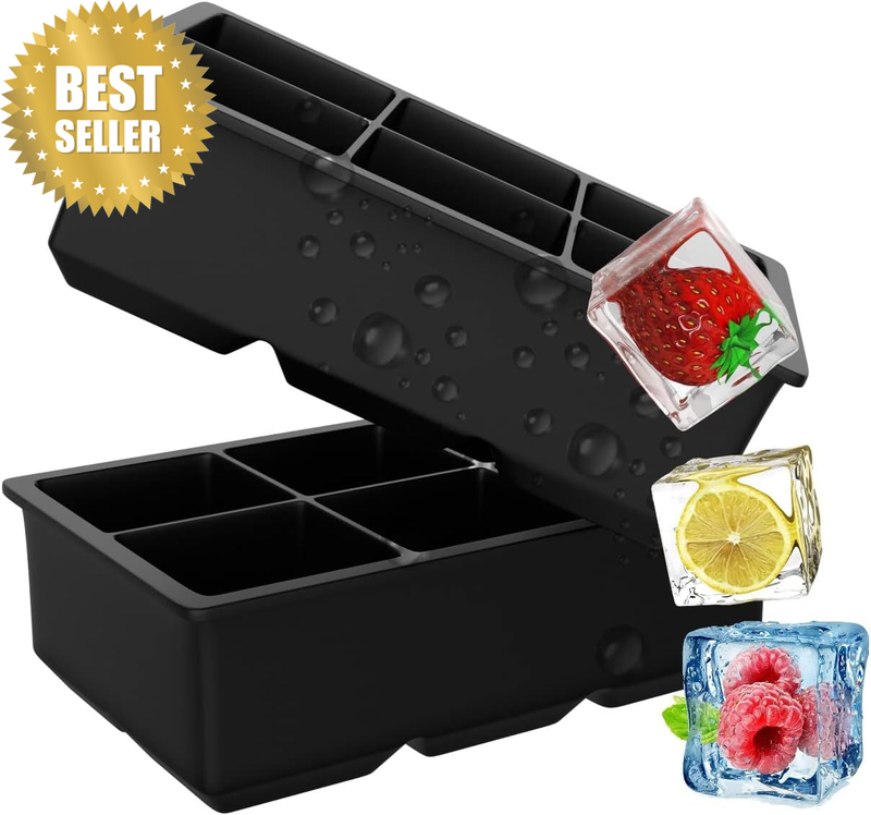 Pack of 2 Black Silicone Ice Cube Tray, Black Reusable Ice Tray, BPA Safe Large